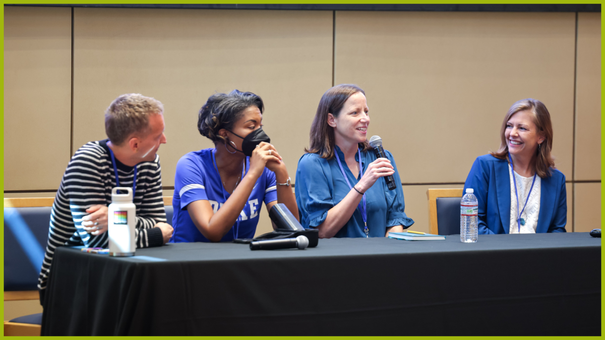 Justin Wright, dean of graduate education in Trinity College of Arts & Sciences, lead a panel on student engagement with participants Deb Reisinger, dean of undergraduate education in the Trinity College of Arts & Sciences, Aria Chernik, assistant vice provost for faculty development & applied research, Nicki Washington, Cue Family Professor of the Practice of Computer Science, and Gregory Samanez-Larkin, Jerry G. and Patricia Crawford Hubbard Professor of Psychology & Neuroscience.