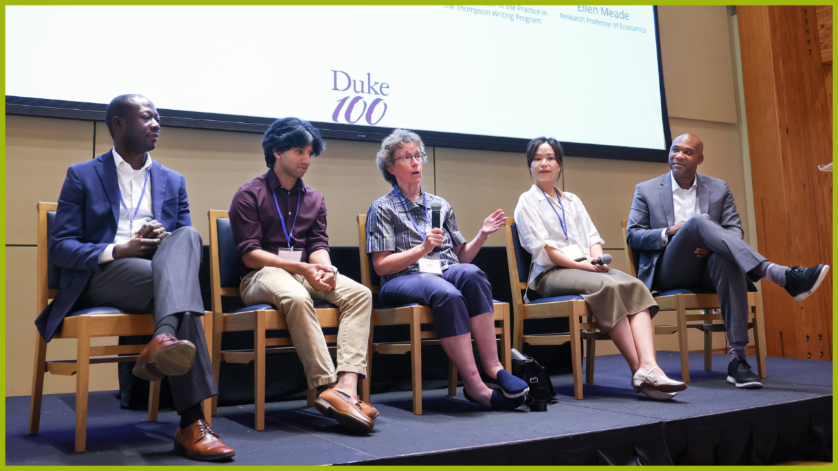 Patrick Smith, associate research professor of theological ethics and bioethics led a panel on the first-year experience as Duke faculty with Yan Li, assistant professor of the practice of writing studies in the Thompson Writing Program, Ellen Meade, research professor of economics, Divine Kumah, associate professor of physics, and Pranam Chatterjee, assistant professor of biomedical engineering.