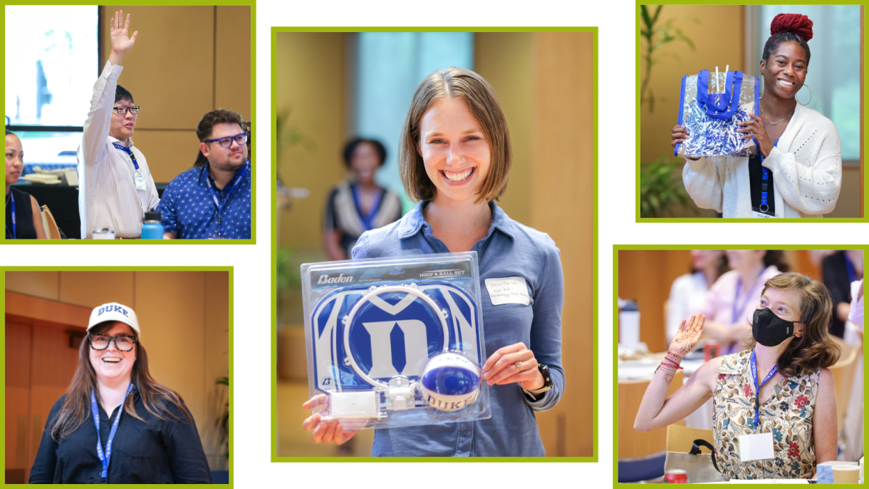 Faculty participating in trivia and showing prizes won.