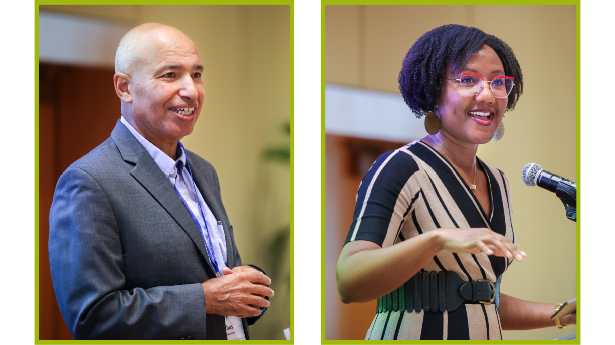 Abbas Benmamoun, vice provost for faculty advancement, and Sherilynn Black, associate vice provost for faculty advancement providing welcome remarks to new faculty.